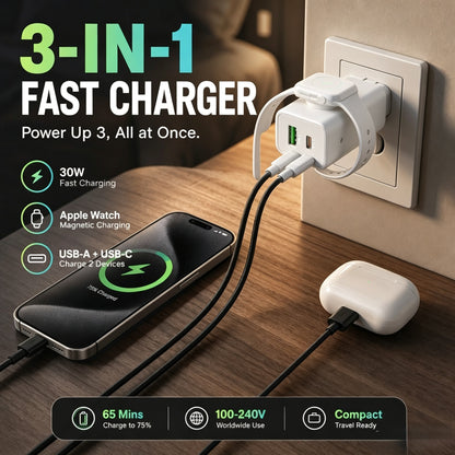 🔌 50% RABATT NU! ⚡ 3-i-1 Laddningsstation – 30W snabbladdning, magnetisk klockladdare & kompakt design – perfekt för hemmet, resan och kontoret 📱⌚✨