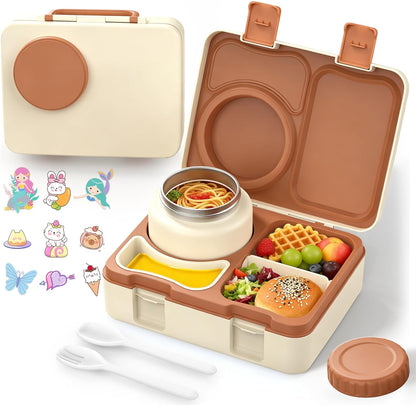 Bento-låda för barn, läckagesäker bento-lunchlåda för barn med 8 oz isolerad termobehållare, såsbehållare, bestick och klistermärken att klistra på själv för skolbarn (både pojkar och flickor), 3–4 fack, BPA-fri