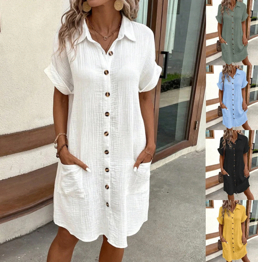 💎 60 % RABATT! 💎 Dammklänning med knappar, korta ärmar och fickor – bomullsblandning, avslappnad passform och perfekt för vardagsbruk (M–2XL) 👗🌿