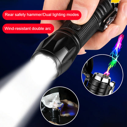 Doppelt gebogener starker Lichtblitz, der elektrische Feuerzeuge beleuchtet