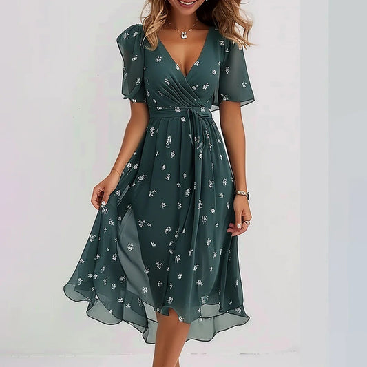 👗💙 60% RABATT! | V-ringad Blommidiklänning – Kortärmad Must-Have!