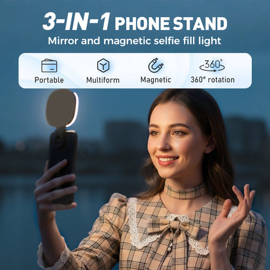 3-i-1-telefonstativ, spegel och magnetisk selfie-lampa