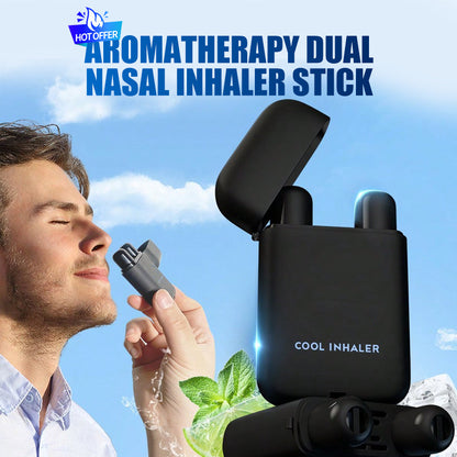 🍃 Bärbar dubbel näsinhalator | Med naturliga eteriska oljor för omedelbar lindring och fokus