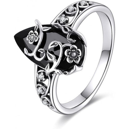 💍 50% RABATT 🌸 | Bohemisk Vintage Ring – Blommönster & Svart Ädelsten