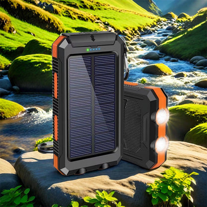 Bärbar solcellsladdare, solcellsdriven laddare med två LED-ficklampor, powerbank för resor och camping