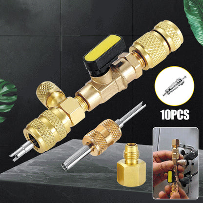 🔥 50% RABATT NU! 🔩 AC Ventil Kärna Borttagningsverktyg – Dubbla SAE Portar, Solid Mässingsbygge, Inkluderar 10 Extra Kärnor 🔧