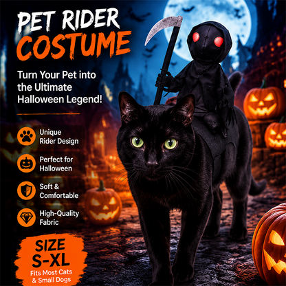 Rolig Halloween-kostym för husdjur: ”Reaper Rider”