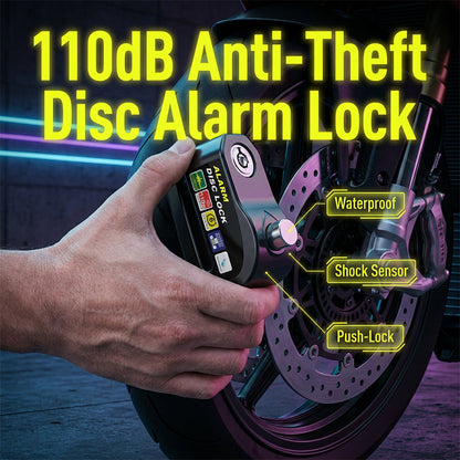 🔐Den mest sålda larmlåset med skivbroms – 110 dB siren, nyckelfri trycklås, stötsensor, borrskyddad, väderbeständig
