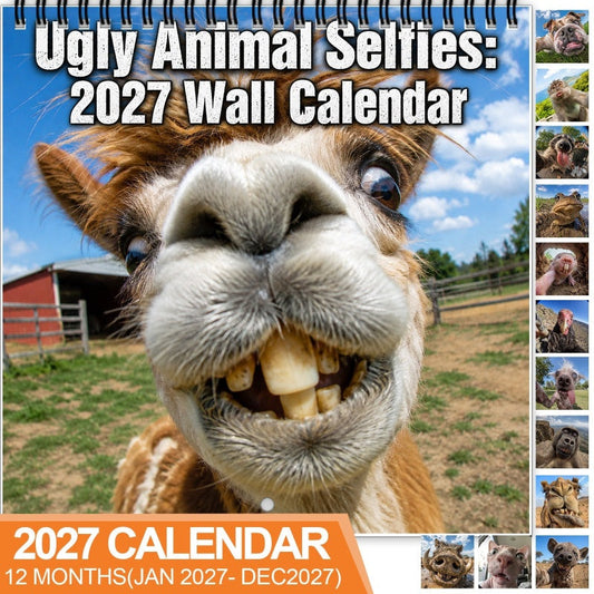 Väggkalender för 2027 med fula djurselfies